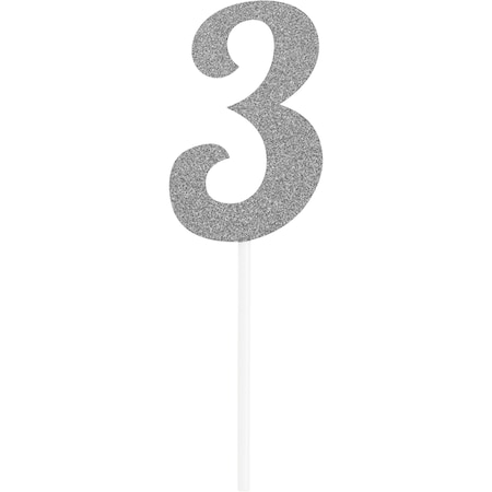 Number 3 Silver Glitter Cake Topper, 6x2, 12PK